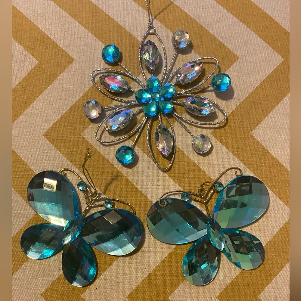 3 beautiful blue and silver Christmas ornaments